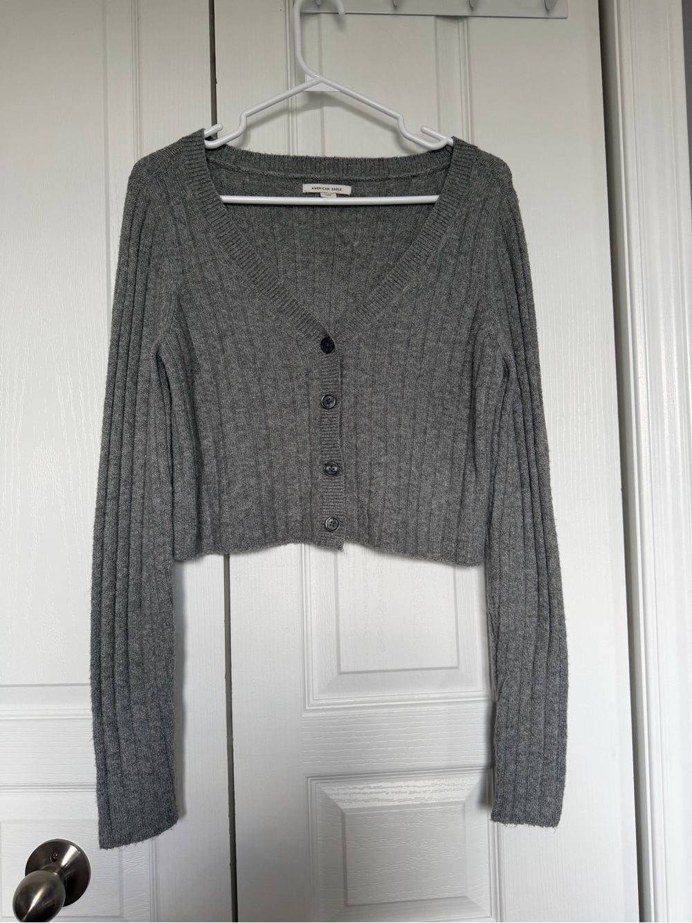 American Eagle Outfitters Gray Ribbed V-Neck Button Crop Cardigan
